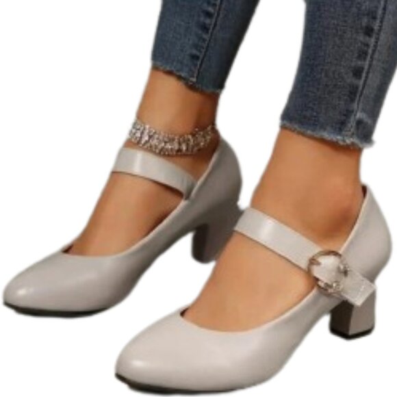 Creme White or Light Beige Block Chunky Heel Shoes with Rhinestone Buckle Sz 9 … - Picture 4 of 4